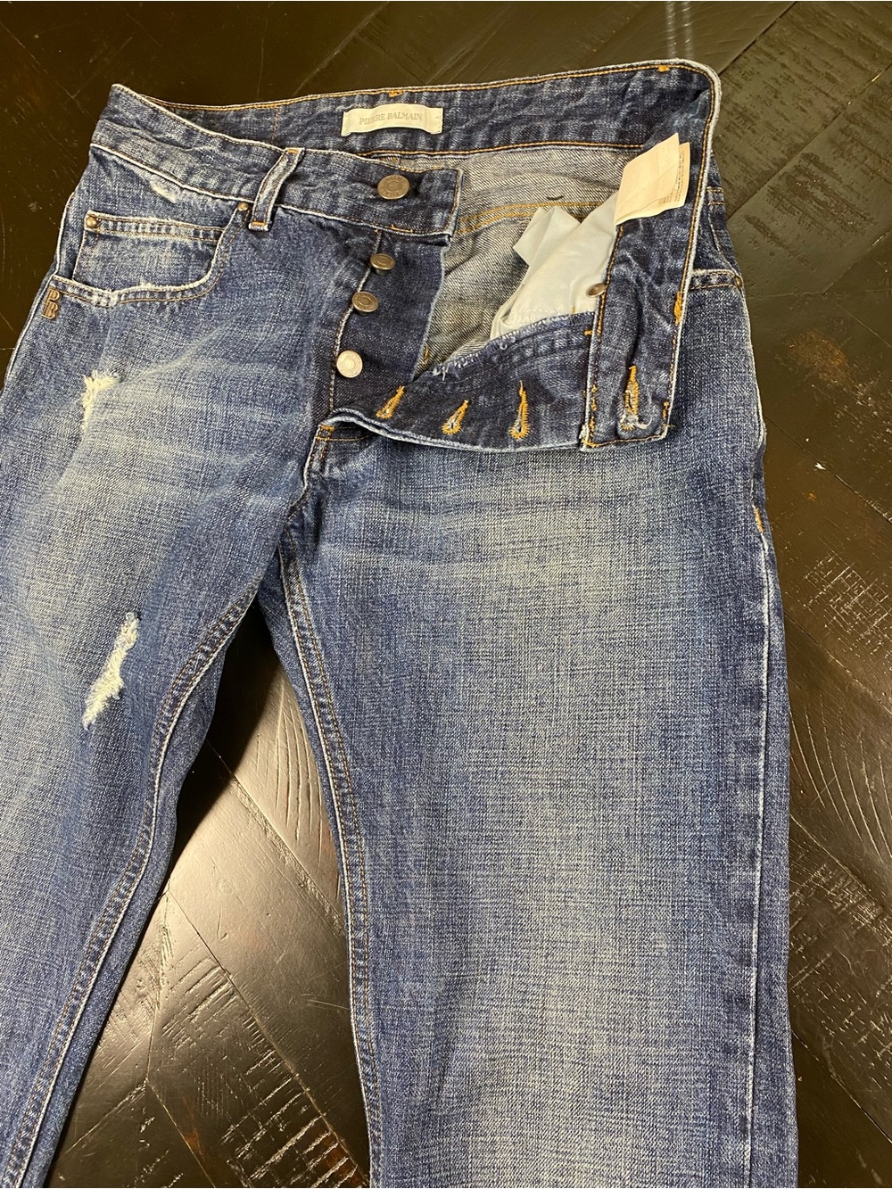 Pierre Balmain Men's Straight-Leg Distressed Denim Jeans in Blue - Picture 16 of 16